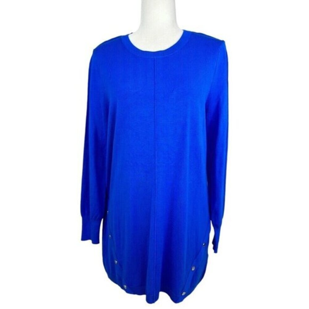 JM Collection Women Seaport Blue Tunic Sweater Crew Neck Button Side‎ Med NEW